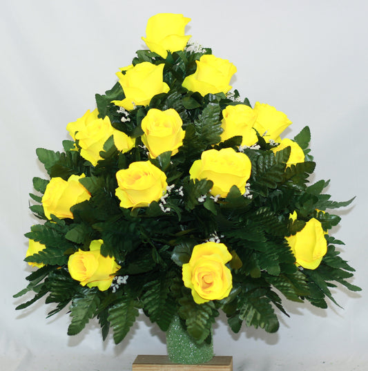 XL Yellow Open Roses Cemetery Vase Arrangement-Grave Decorations
