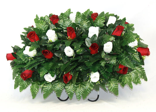 XL Handmade Red and white Closed Roses Cemetery Headstone Saddle Arrangement-Grave Decorations