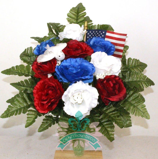 Handcrafted Red, White and Blue Roses w Flag Cemetery Flower Arrangement for Mausoleum -Memorial Flowers -Grave Decoration-Urn Arrangement
