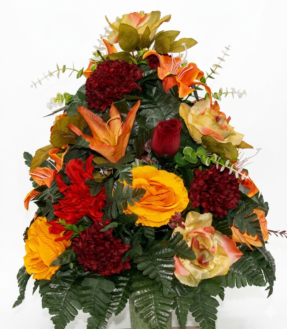 XL Handcrafted 360 Degree Fall Mixture Cemetery Vase Flower Arrangement- Cemetery Flower Grave Decorations