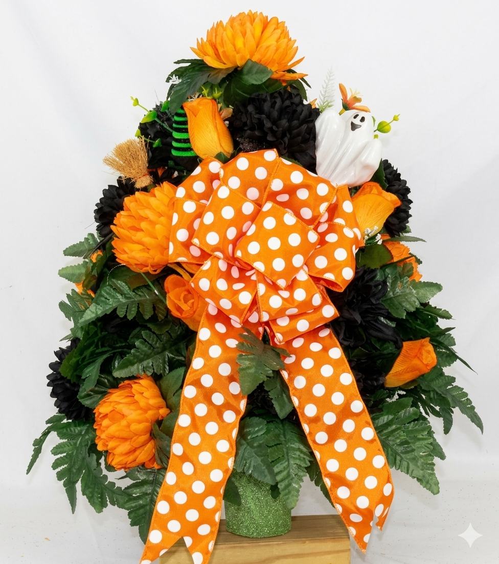 XL Handcrafted 360 Degree Halloween Cemetery Vase Flower Arrangement- With Solar Light