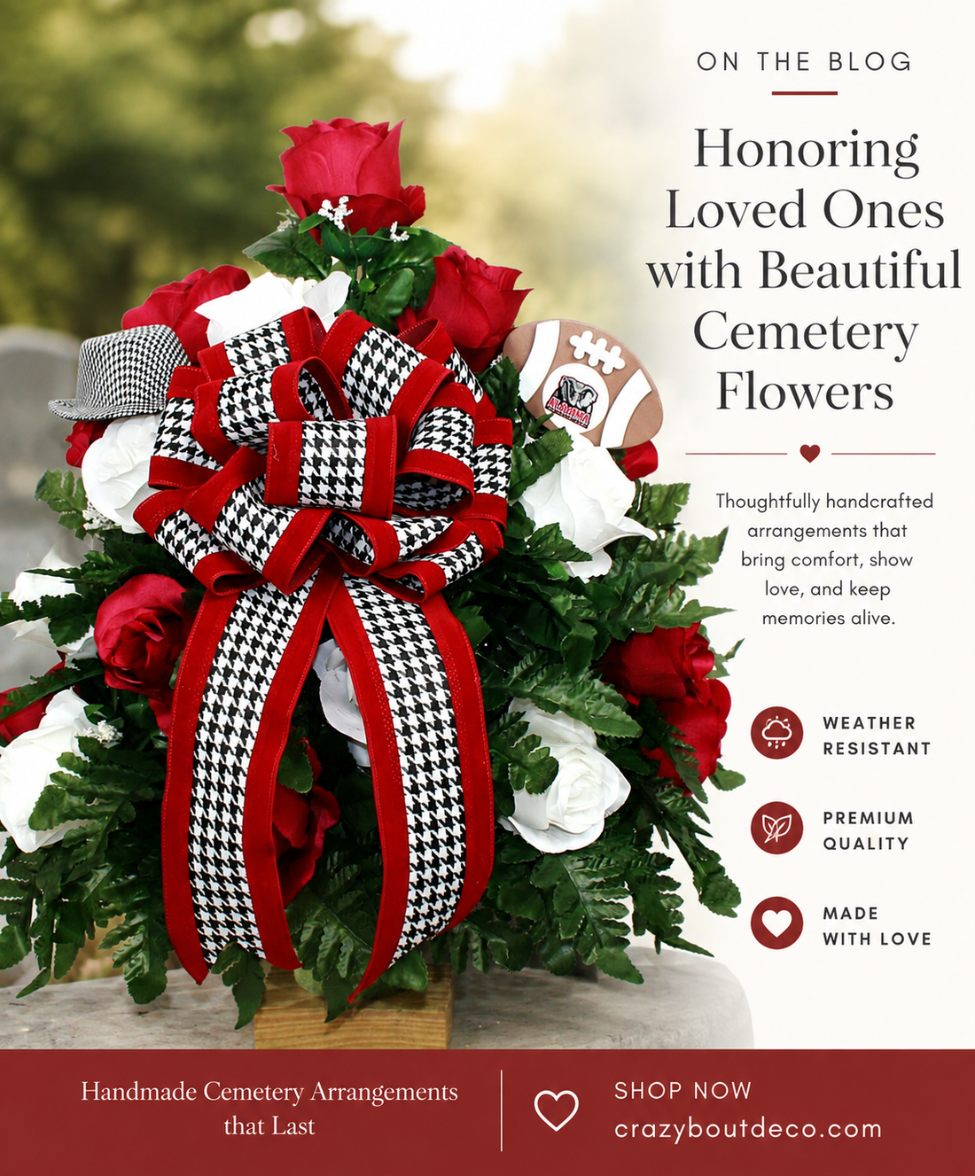 Alabama Crimson Tide Fan Cemetery Flowers: Memorial Vase Arrangement
