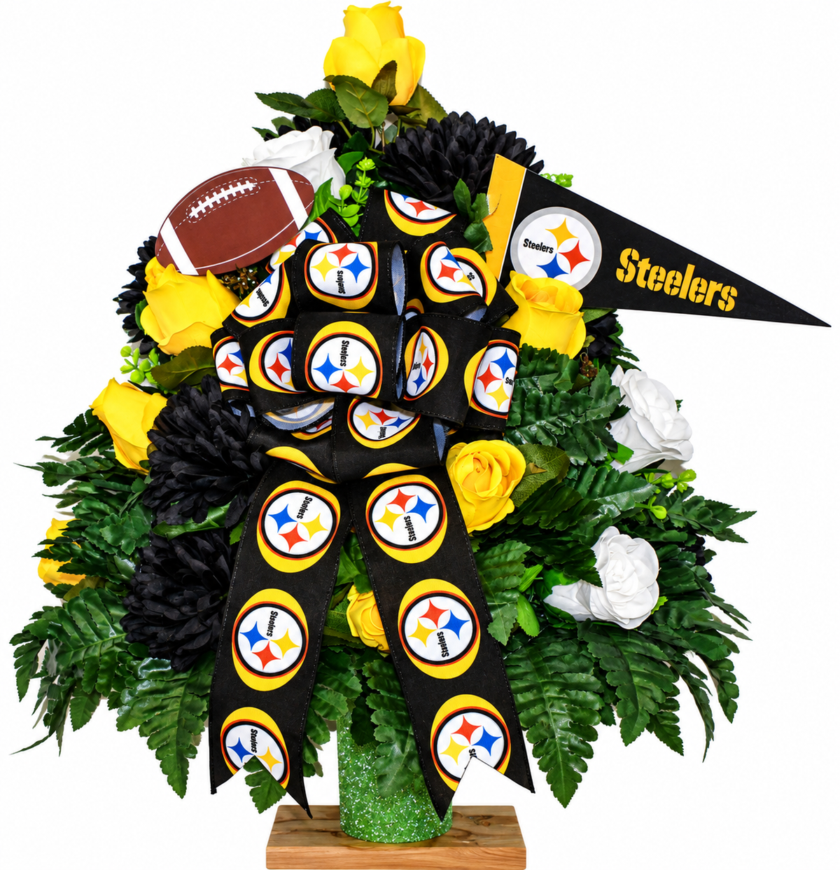 XL Steelers Fan Handmade 360-Degree Cemetery Vase Silk Flower Arrangement