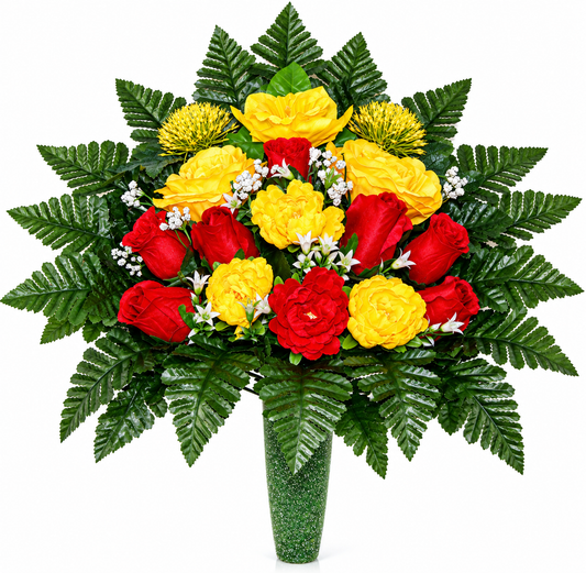 Handcrafted Fall Yellow and Red Cemetery Flowers: Mausoleum Grave Decoration