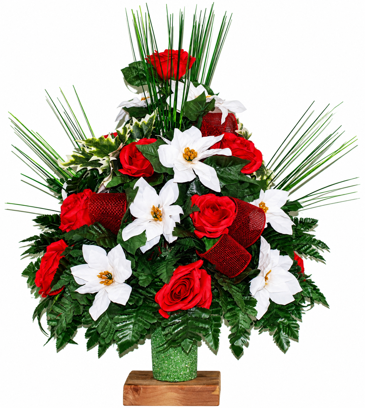 Christmas Cemetery Flowers Red Roses & White Poinsettias, XL Holiday Grave Vase Arrangement, Handmade Memorial Flowers