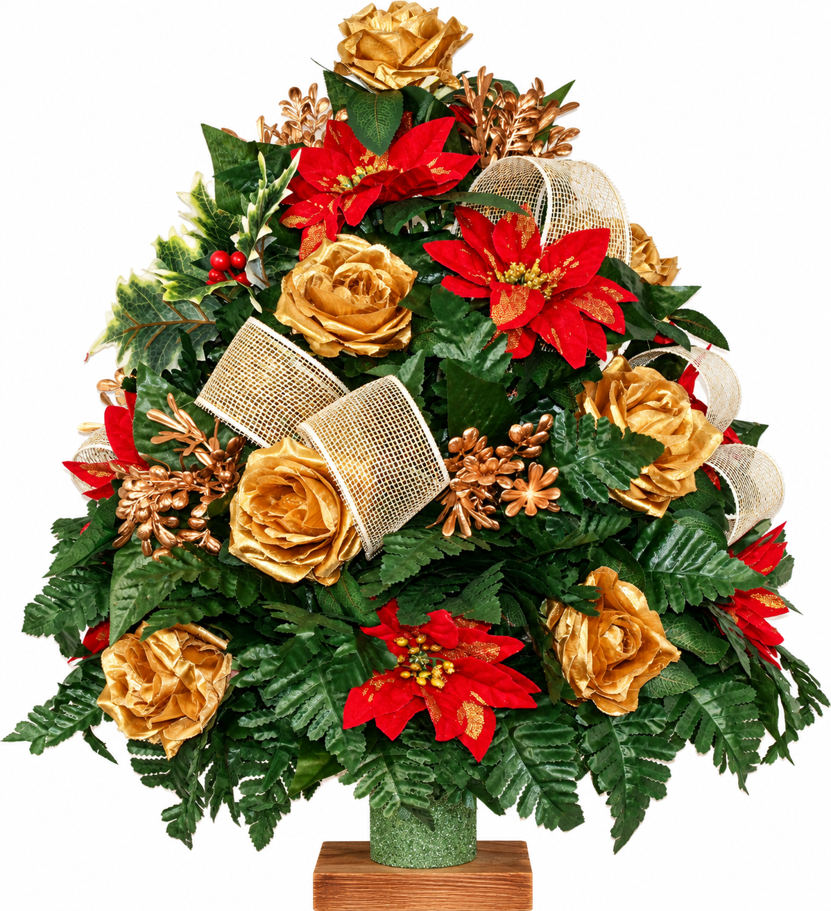 Christmas Cemetery Flowers Gold Roses & Red Poinsettias with Gold Trim, XL Holiday Grave Vase Arrangement, Handmade Memorial Flowers