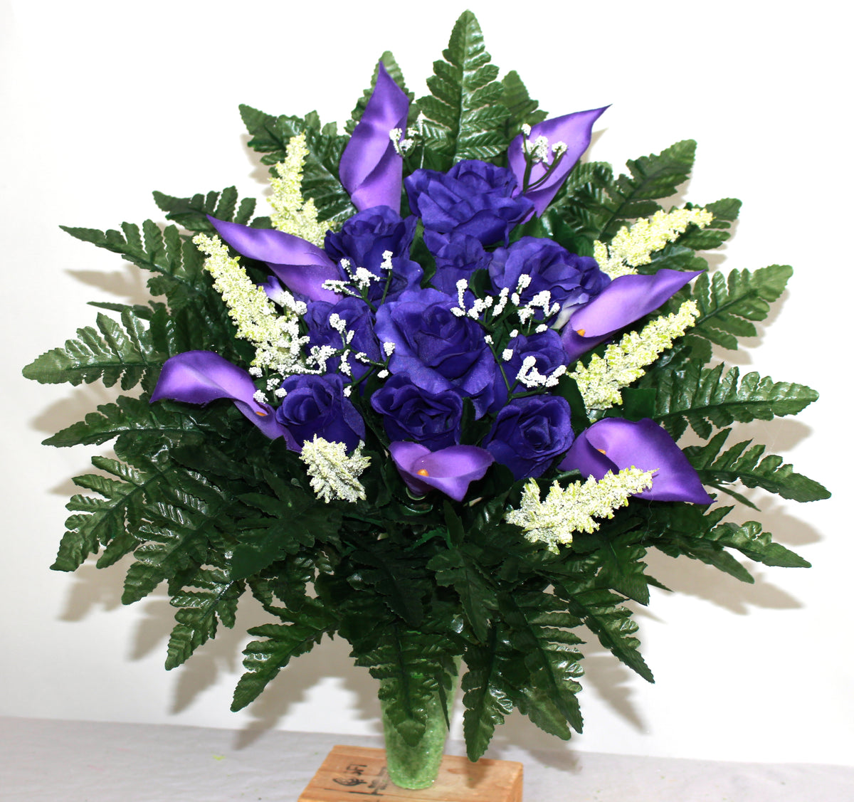 Handcrafted Purple Roses w Calla Lilies Cemetery Flower Arrangement fo ...