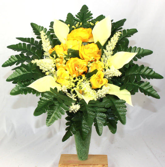 Handcrafted Yellow Roses w Calla Lilies Cemetery Flower Arrangement for Mausoleum -Memorial Flowers -Grave Decoration-Urn Arrangement