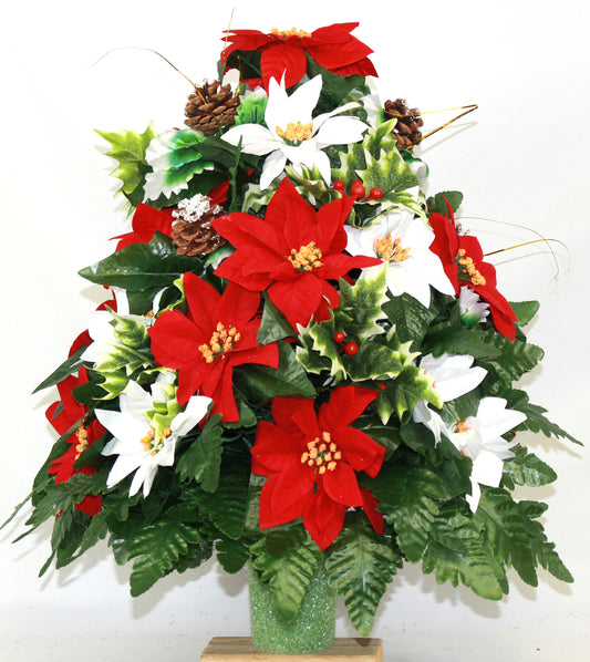 XL Handcrafted Christmas Red and White Poinsettias Cemetery Vase Flower Arrangement- Cemetery Flower Grave Decorations