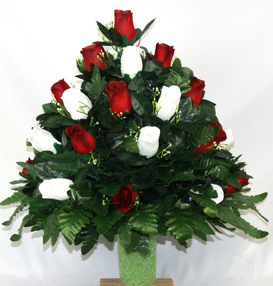 XL Red and White Closed Roses Cemetery Vase Arrangement-Grave Decorations