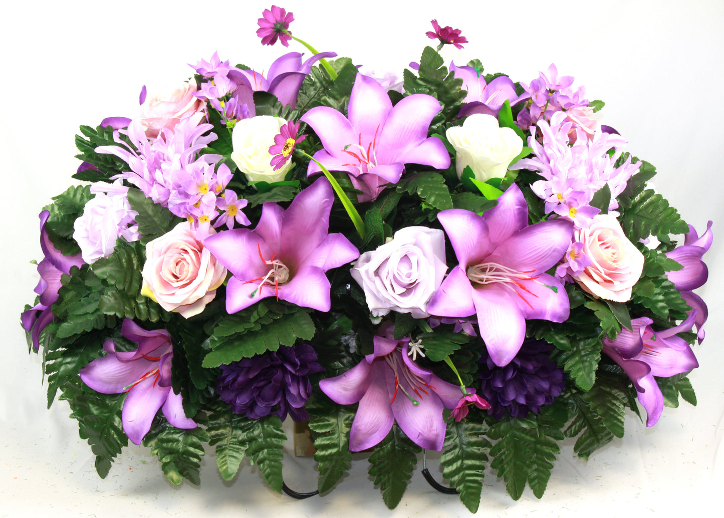 XL Handcrafted Purple Spring Mixture Cemetery Saddle Arrangement