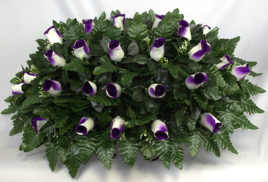 XL Handmade Purple and Cream Closed Roses Cemetery Headstone Saddle Arrangement-Grave Decorations