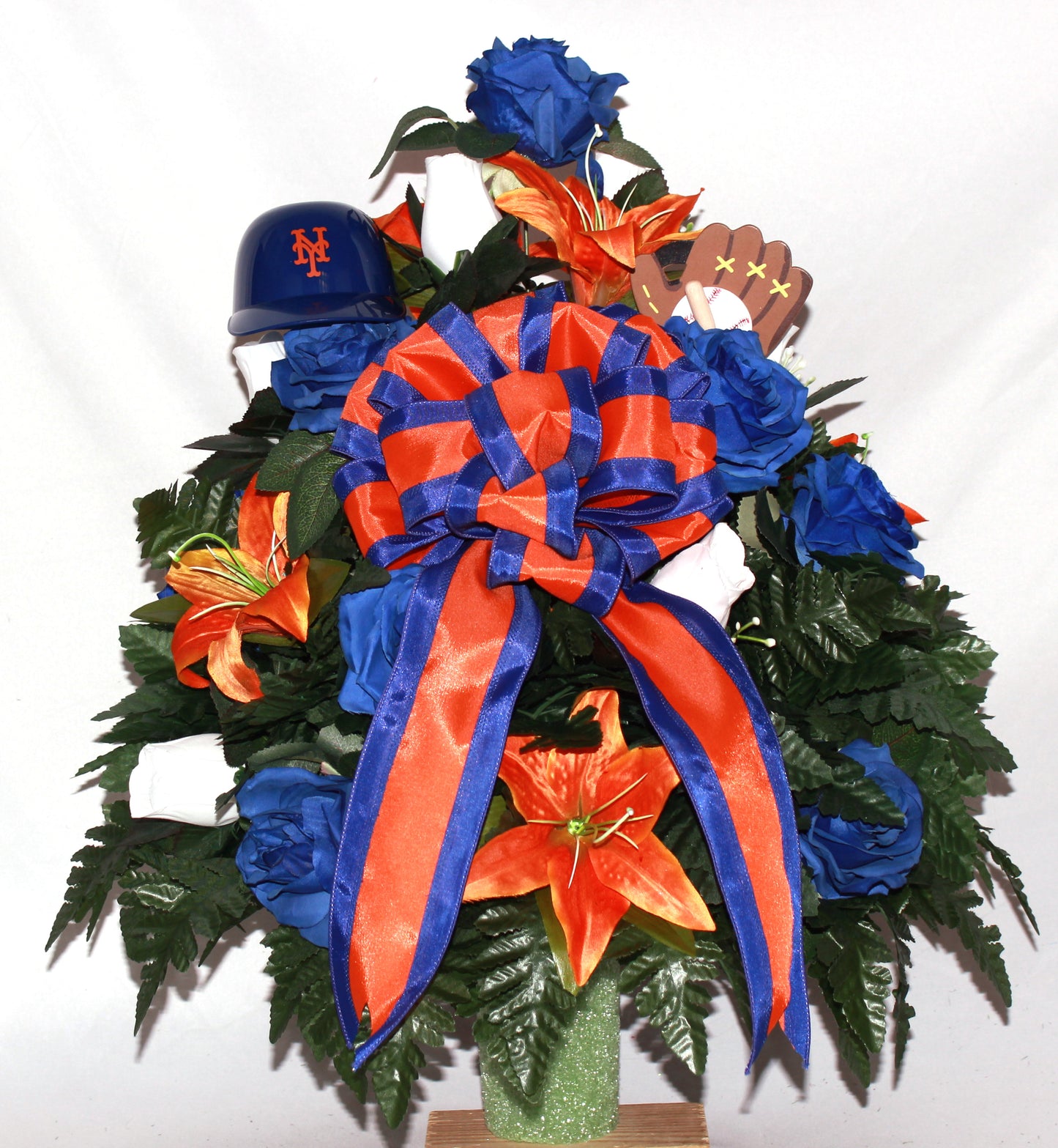 XL Mets Fan Handmade 360-Degree Cemetery Vase Silk Flower Arrangement