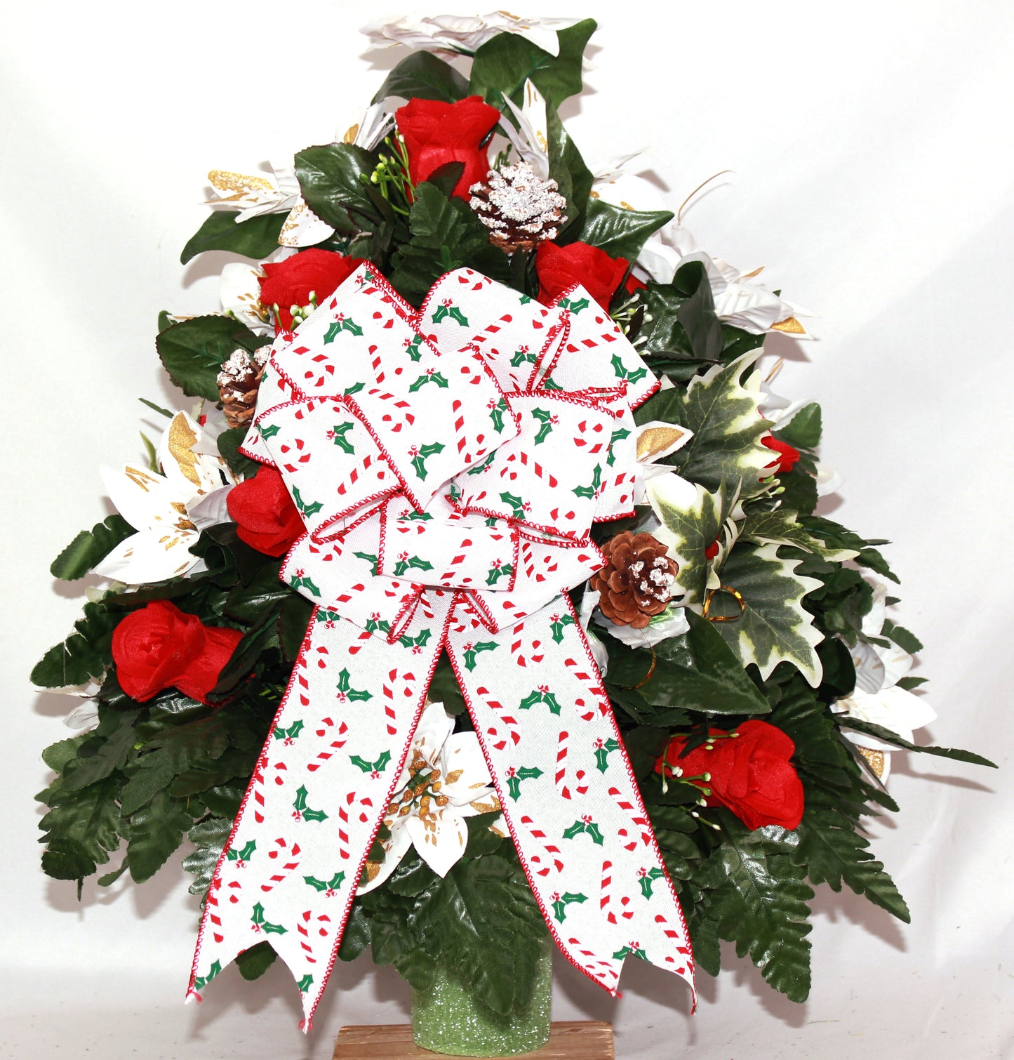 XL Handcrafted Christmas White/Gold Poinsettias/Red Roses Cemetery Vase Flower Arrangement- Cemetery Flower Grave Decorations