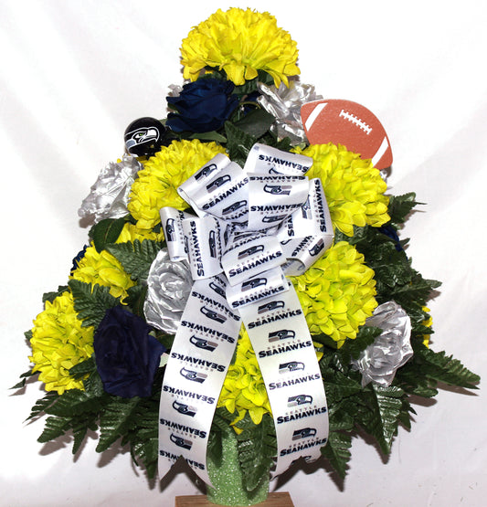 XL Seattle Seahawks Fan Handmade 360-Degree Cemetery Vase Silk Flower Arrangement