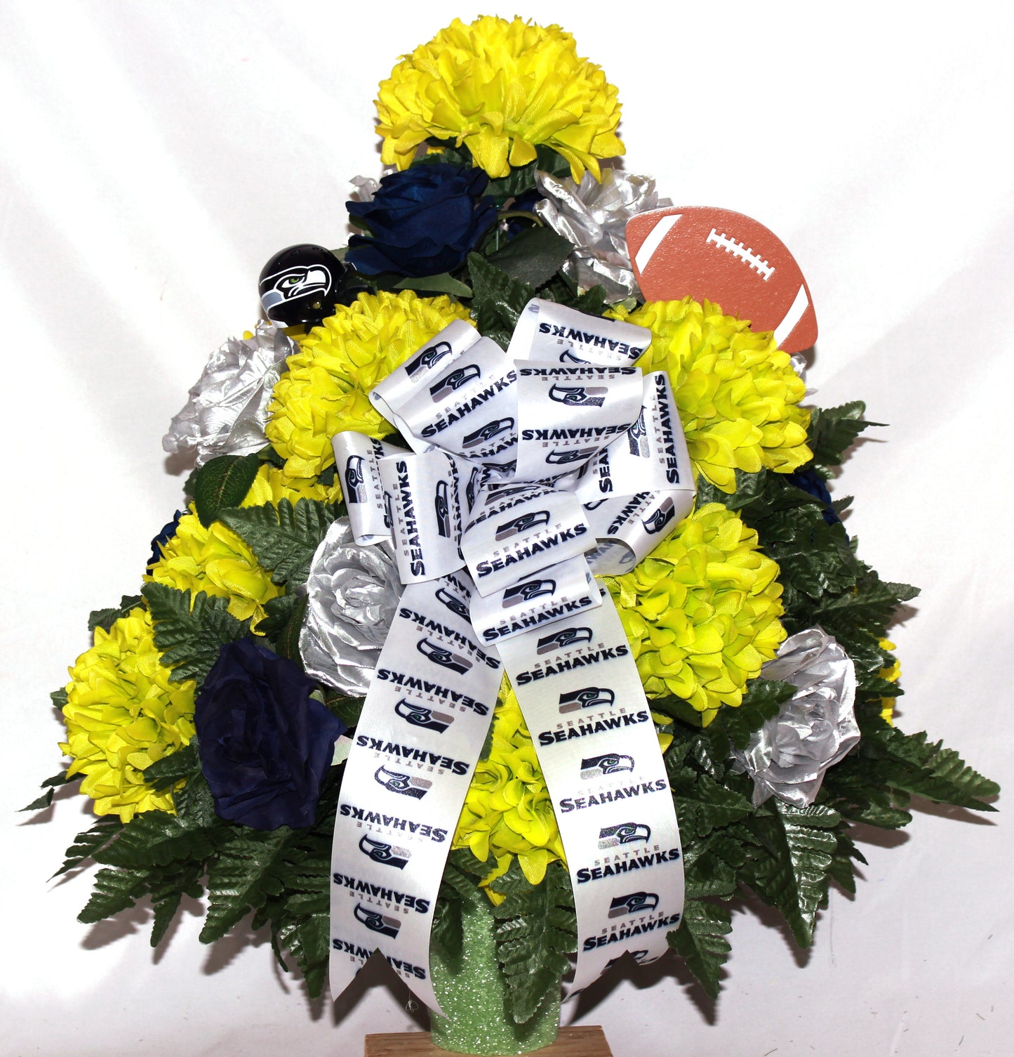 XL Seattle Seahawks Fan Handmade 360-Degree Cemetery Vase Silk Flower Arrangement