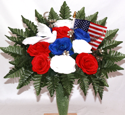 Handcrafted Red, White and Blue Roses e Flag Cemetery Flower Arrangement for Mausoleum -Memorial Flowers -Grave Decoration-Urn Arrangement (Copy)