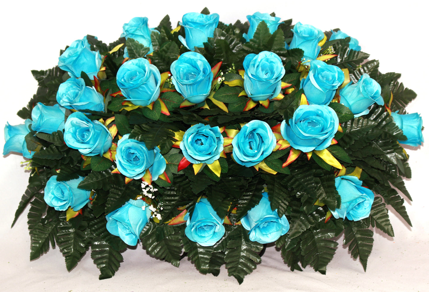 XL Handmade Turquoise Open Roses Cemetery Headstone Saddle Arrangement-Grave Decorations