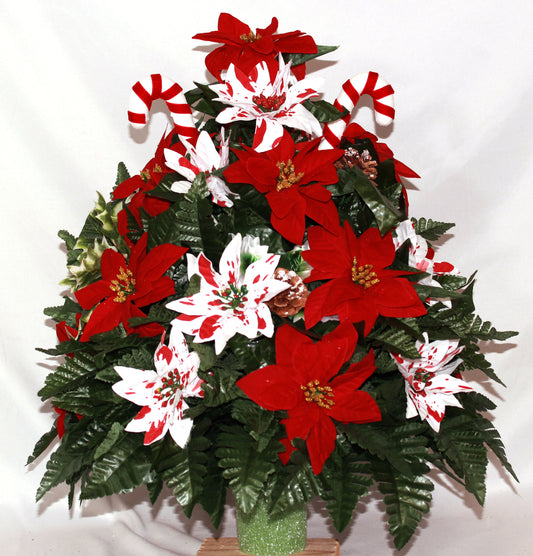 XL Handcrafted Christmas Poinsettias w/Candy Canes Cemetery Vase Flower Arrangement- Cemetery Flower Grave Decorations