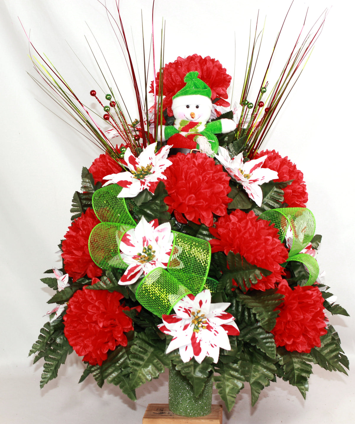 XL Handcrafted Christmas Mixture w/ribbon and Stuffed Figure Cemetery Vase Flower Arrangement- Cemetery Flower Grave Decorations
