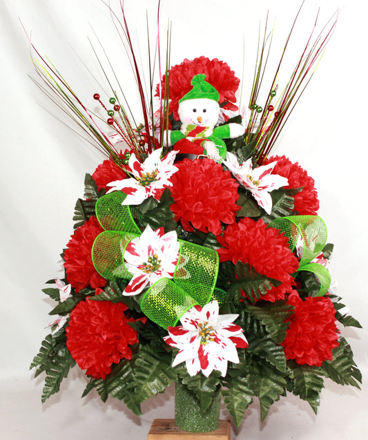 XL Handcrafted Christmas Mixture w/ribbon and Stuffed Figure Cemetery Vase Flower Arrangement- Cemetery Flower Grave Decorations