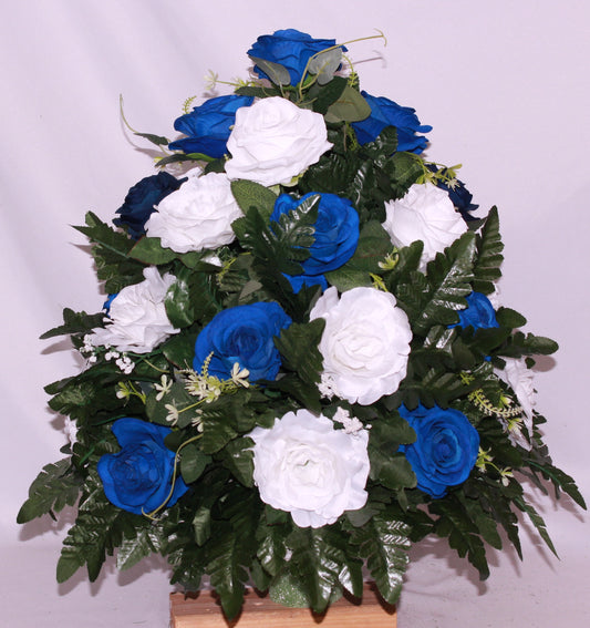 XL Handcrafted 360 Degree Blue and White Rose Cemetery Vase Flower Arrangement- Cemetery Flower Grave Decorations