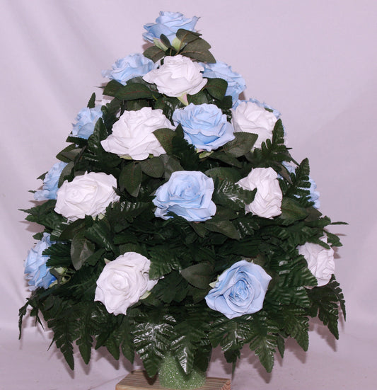 XL Handcrafted 360 Degree Blue and White Rose Cemetery Vase Flower Arrangement- Cemetery Flower Grave Decorations