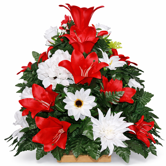 XL Handcrafted Cemetery Vase Arrangement: Red and White Flowers-Cemetery Arrangement