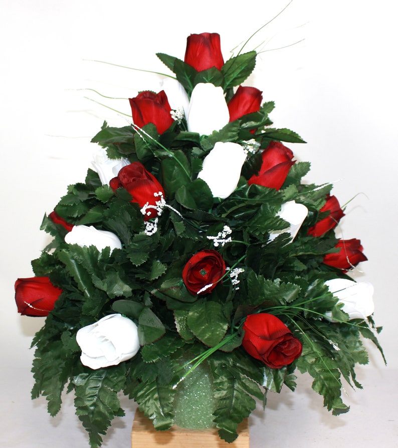 XL Red and White Closed Roses Cemetery Vase Arrangement-Grave Decorations