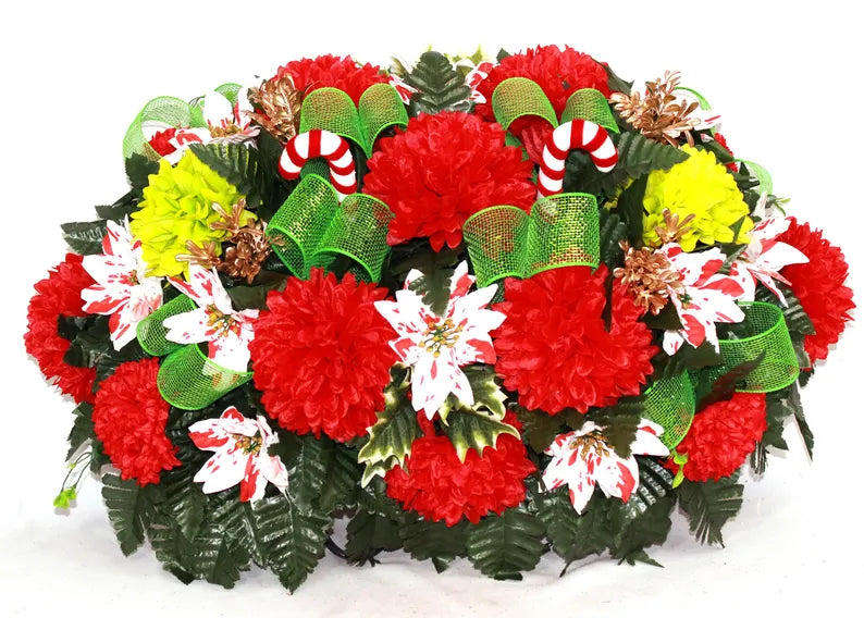 Christmas Red and Green Cemetery Saddle: Christmas Remembrance Flowers-Cemetery Flowers