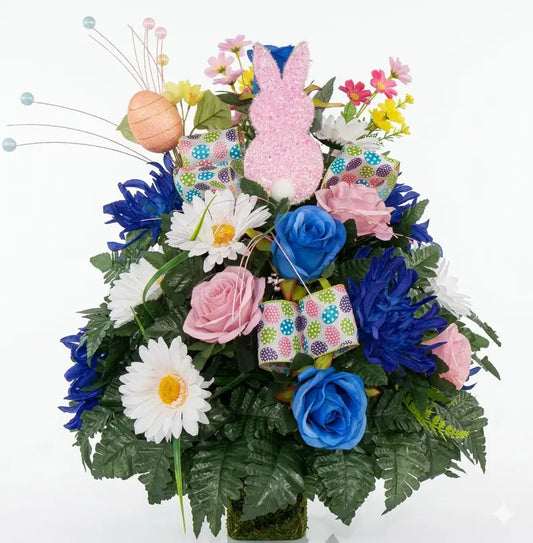 XL Handcrafted 360 Degree Easter Spring Mixture Cemetery Vase Flower Arrangement- Cemetery Flower Grave Decorations