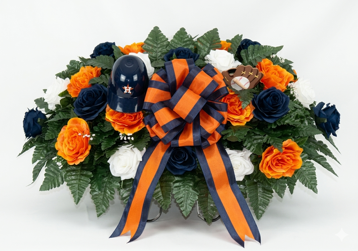 XL Handmade Astros Fan Cemetery Headstone Saddle Arrangement-Grave Decorations