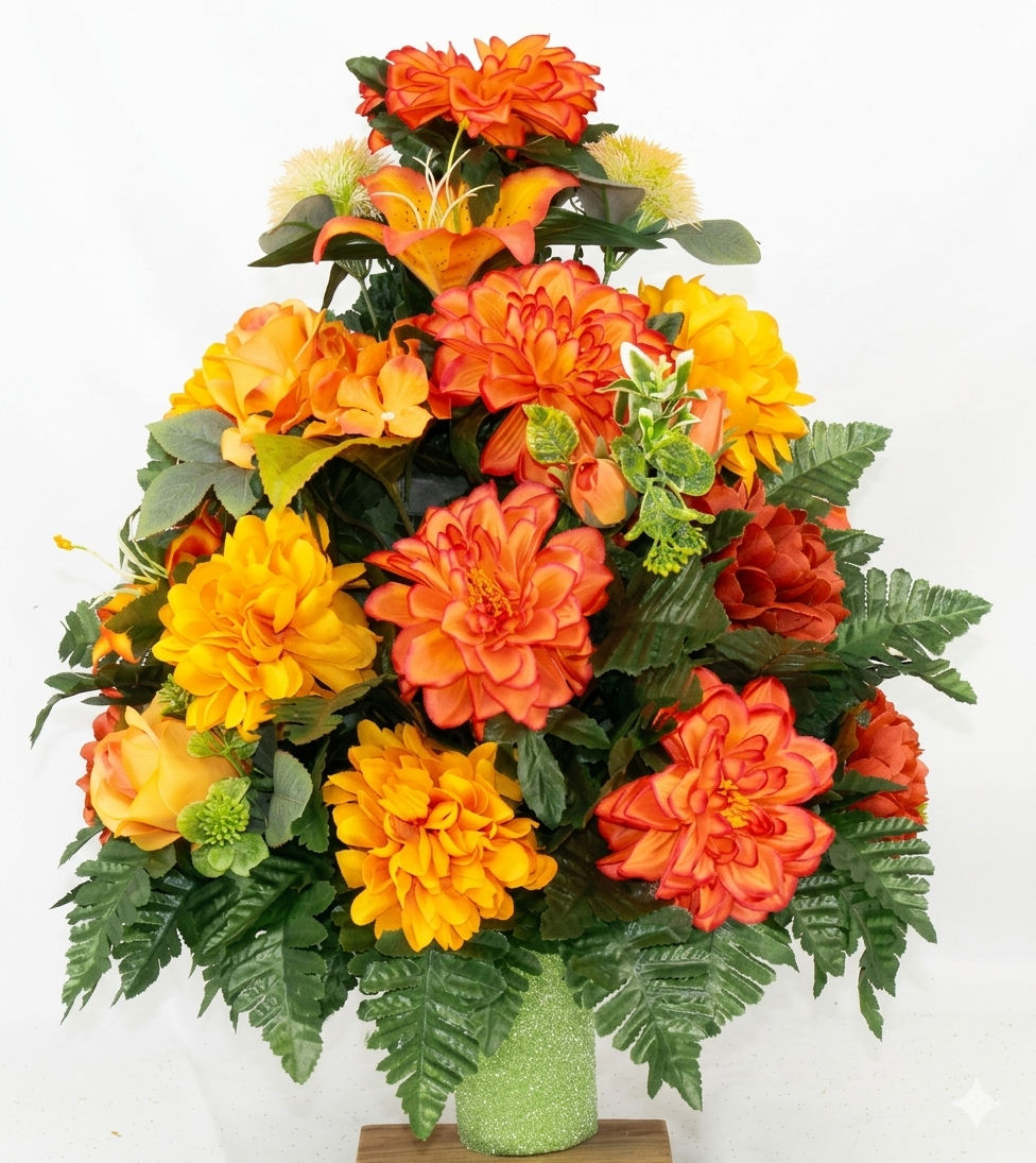 XL Handcrafted 360 Degree Fall Mixture Cemetery Vase Flower Arrangement- Cemetery Flower Grave Decorations