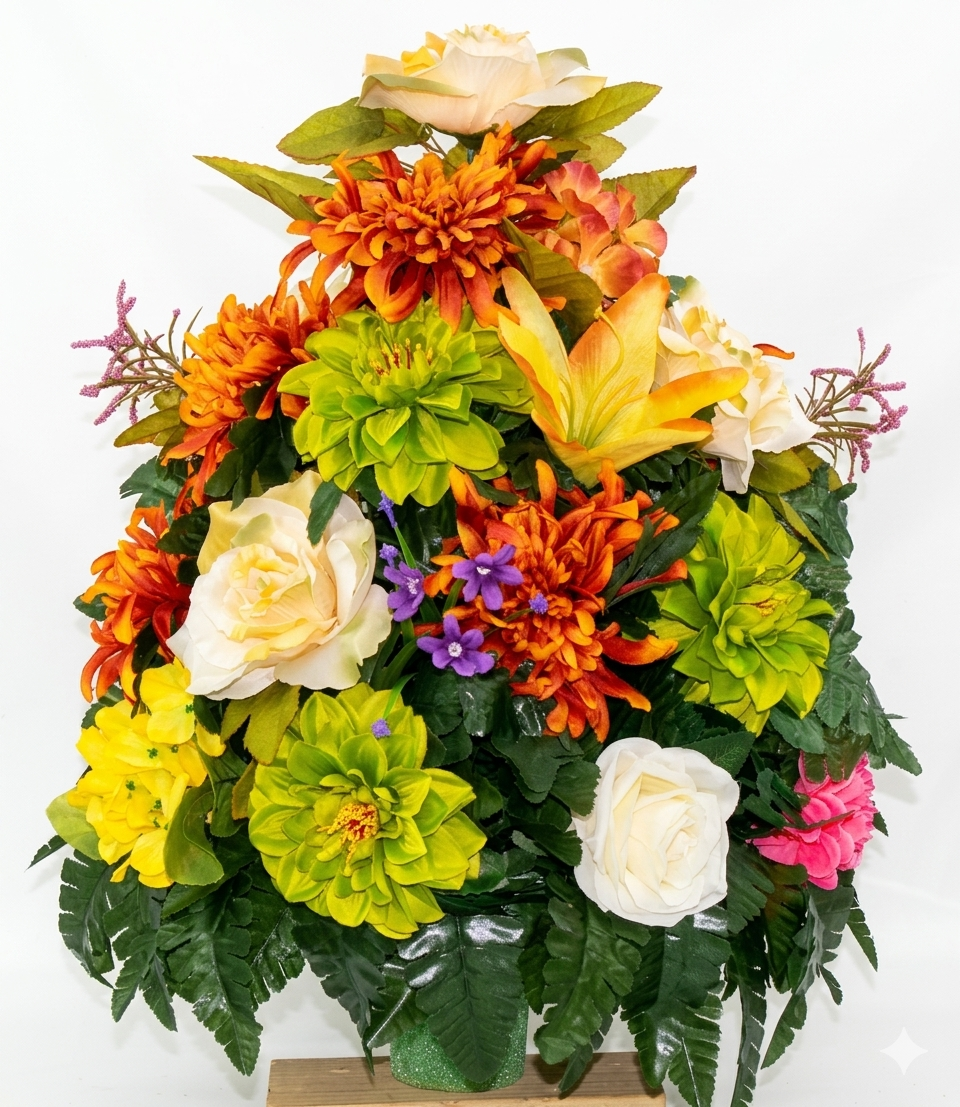 XL Handcrafted 360 Degree Fall Mixture Cemetery Vase Flower Arrangement- Cemetery Flower Grave Decorations