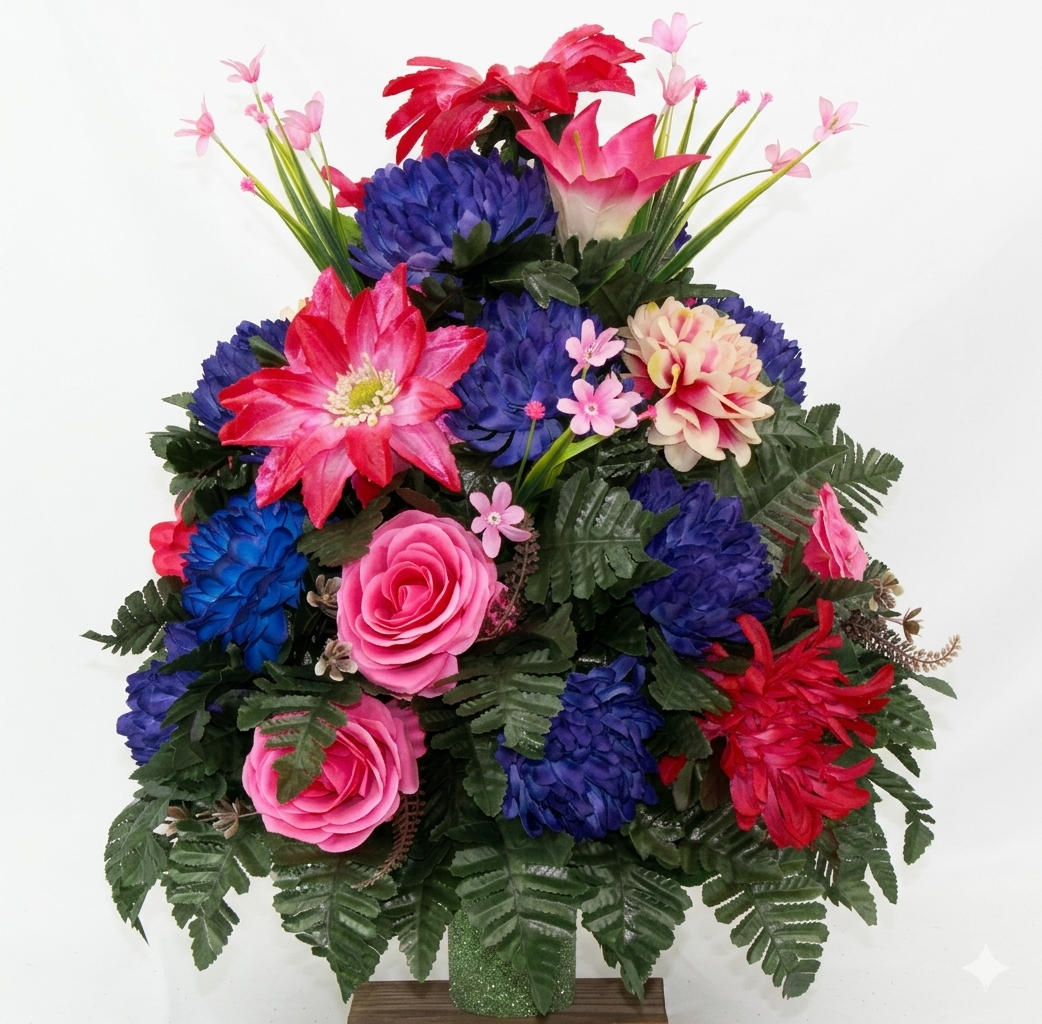 XL Handcrafted 360 Degree Spring Mixture Cemetery Vase Flower Arrangement- Cemetery Flower Grave Decorations