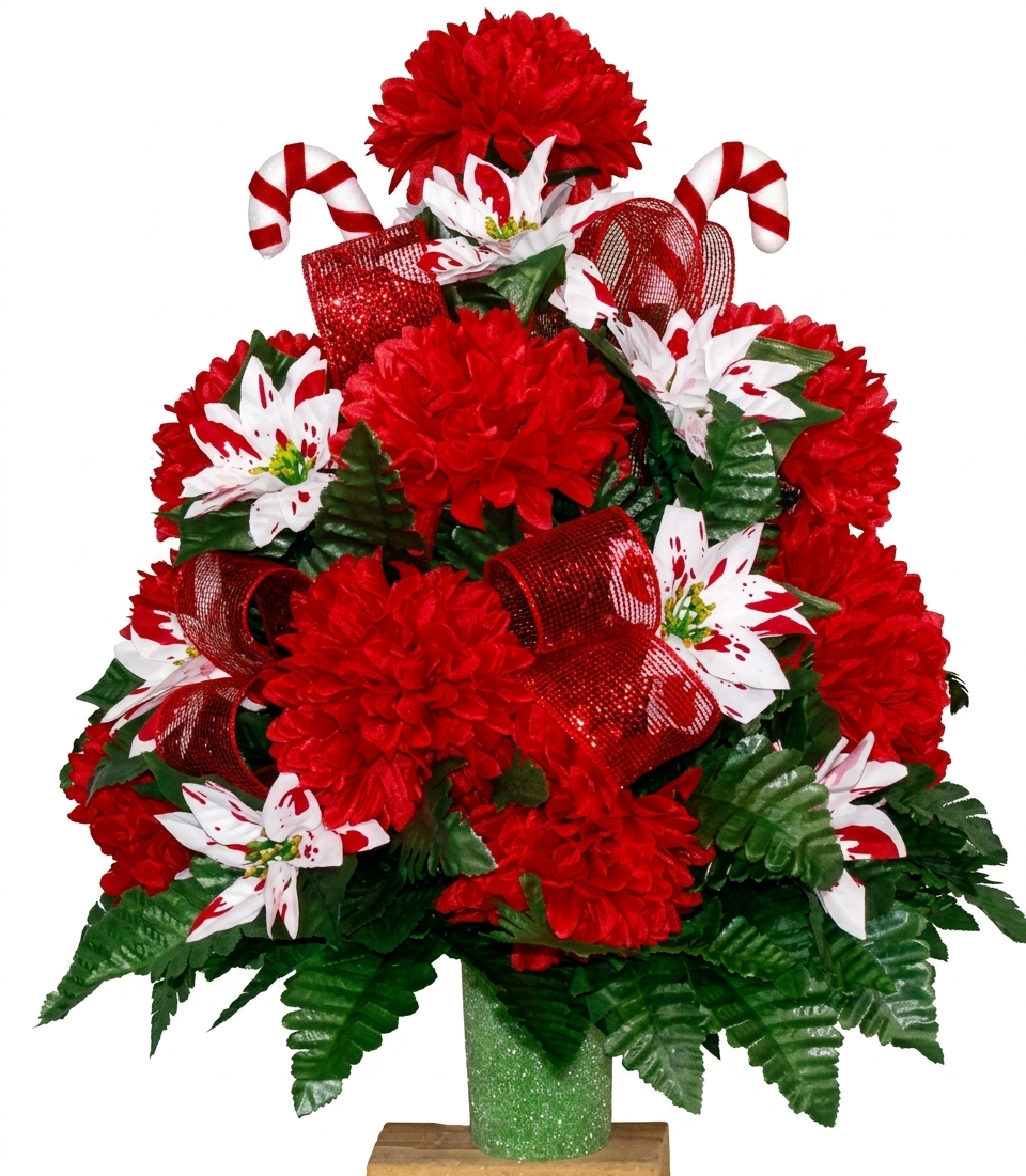 XL Handcrafted Christmas Mixture w/ribbon and Candy Canes Cemetery Vase Flower Arrangement- Cemetery Flower Grave Decorations